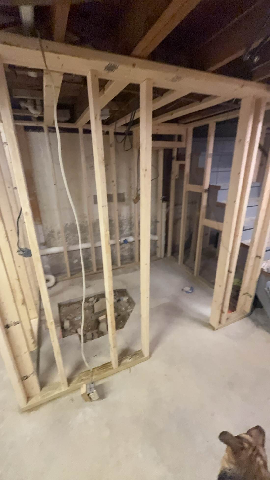 Finished basement stairway with painted grey treads