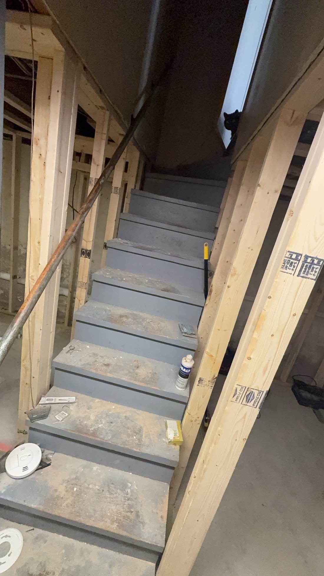 Basement stairway and hallway framed, wide view